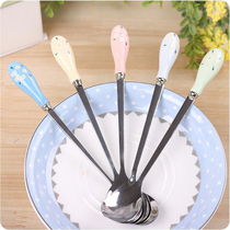 Ceramic handle stainless steel coffee short spoon zakka cartoon cute colorful small floral short spoon spoon mixing spoon