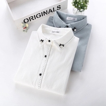 2021 spring and autumn new Korean embroidery pearl collar long-sleeved shirt college style bottoming shirt corduroy shirt women