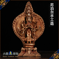 Tibetan Buddhist supplies Nepal imported handmade copper full gilt tantric Buddha statue Thousand Hands Guanyin 5 inches