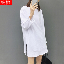 Womens T-shirt Loose Side Open Joker Casual Spring Long Sleeve 2021 New Wear Medium Long Cotton Body
