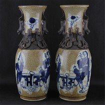 Cultural Revolution Factory carved blue and white figures pattern flower basket bottle a pair of ancient porcelain collection antique retro ornaments