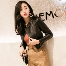 Black leather leather womens short spring and autumn 2021 new small high-waisted sheepskin jacket motorcycle jacket spring tide