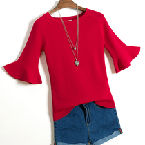 Spring and Autumn Half sleeve Slim Short Ice Silk Knit Womens Pullover Horn Sleeve Skinny Slim base shirt Blouse