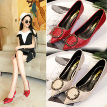 High heels spring 2021 new female pointed Joker Joker mid-thin heel temperament square buckle cat heel single shoes womens shoes