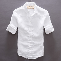 Summer sunscreen White fresh small lapel long sleeve pure linen shirt mens casual slim cotton shirt Mens