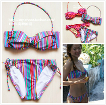 Retro striped European and American outer single cute chest neck bikini multi-color ~