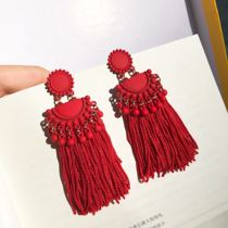 vintage Retro Exaggerated Bohemian Earrings Frosted Geometric Semi-circular Large Red Cotton Tassel Earrings