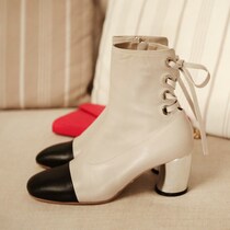Korea Artisanal custom splicing black diagonal square head silver coarse heel nude rear strap and ankle short boot