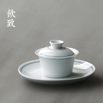 Drink to Jingdezhen Hand-painted tea three-cai flat-bottomed cover bowl Tea cup Single dry bubble plate non-hot hand tea set large size