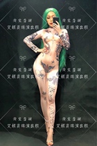 TT bar singer djds dance team gogo sexy tattoo fake exposed flesh one-piece trousers performance suit