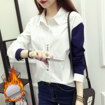 Shirt womens long-sleeved 2021 spring and autumn new Korean fan plus velvet thickened student top loose bottoming stitching shirt