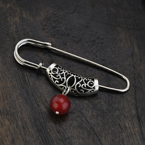 Vintage Miao Silver Hollow Brand Red Agate Brooch Pin Sweater Literary Art Classic Original Jewelry