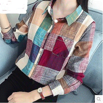 Spring and autumn new womens linen bottoming shirt womens long sleeve summer thin cotton plaid shirt