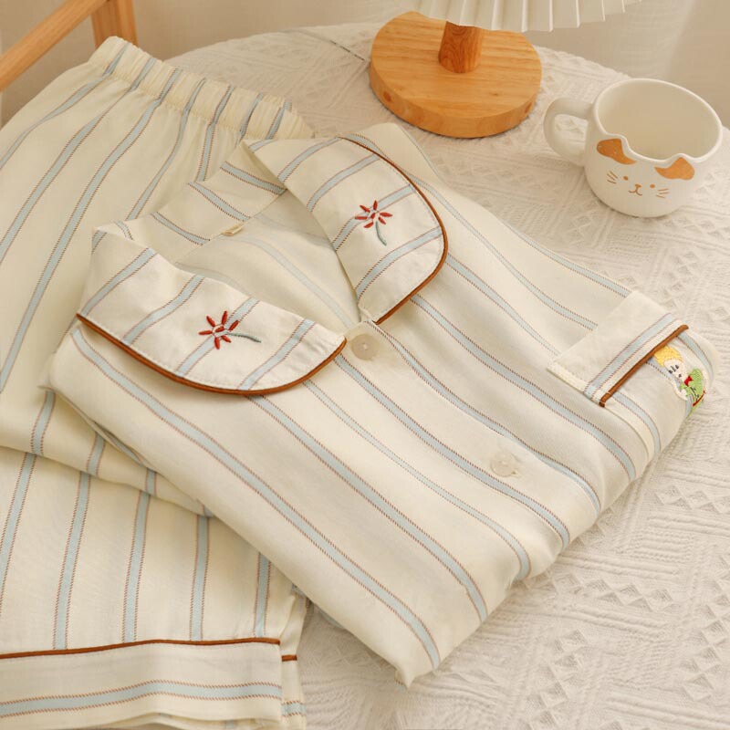 Lisa Satin Pajamas for Women 2026 New Summer Embroidered Little Prince Striped Long and Short Sleeve Home Wear Set