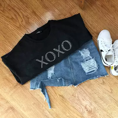 Ladies long sleeve T-shirt with diamond short version open jacket cotton thin coat loose pullover round neck thick cotton T hooded jacket