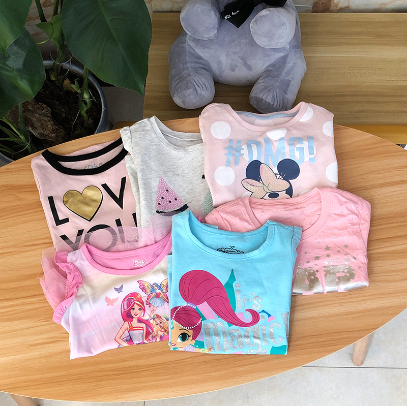 Foreign trade T-shirt combined ~ girl's summer cartoon short sleeve pure cotton printed children half sleeve round neckline cardiovert blouse