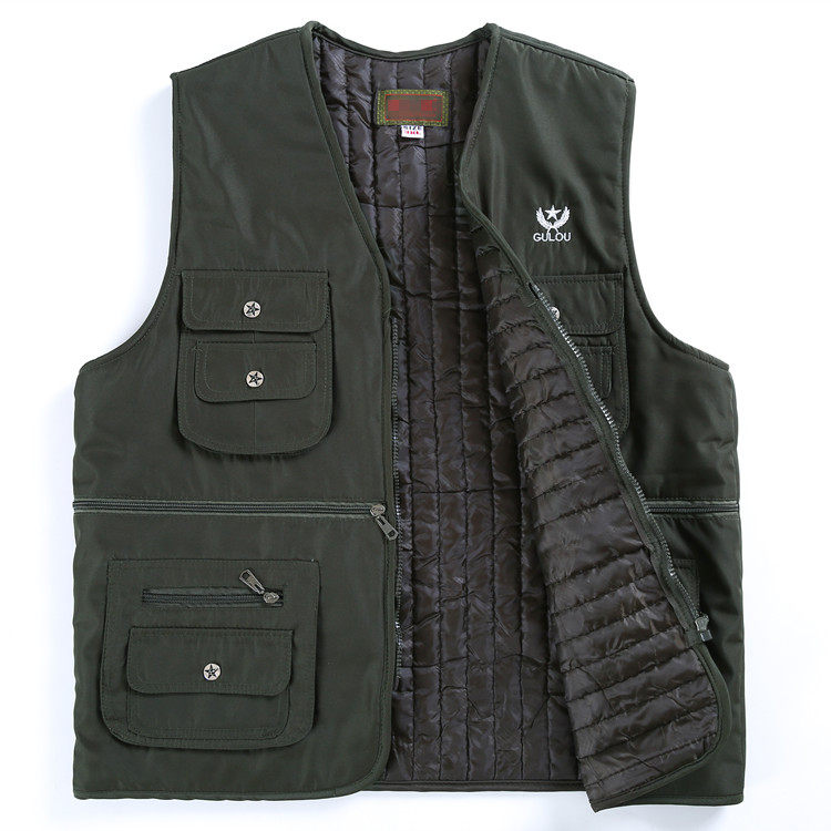 Men's autumn and winter plus cotton thickened Army Green No collar waistcoat Multi-pocket Multi-pocket Warm Vest Casual Kan Shoulder waistcoat