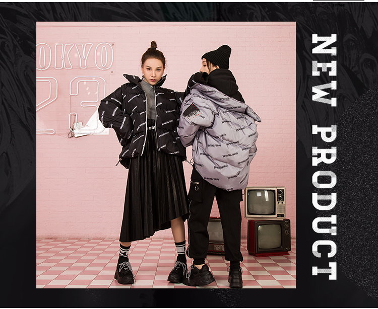 Nhà cũ đường phố hip hop đầy chữ in chữ Zhang Zi áo thun cotton nữ 2019 mùa đông phong cách mới - Bông áo khoác kaki lót lông nam