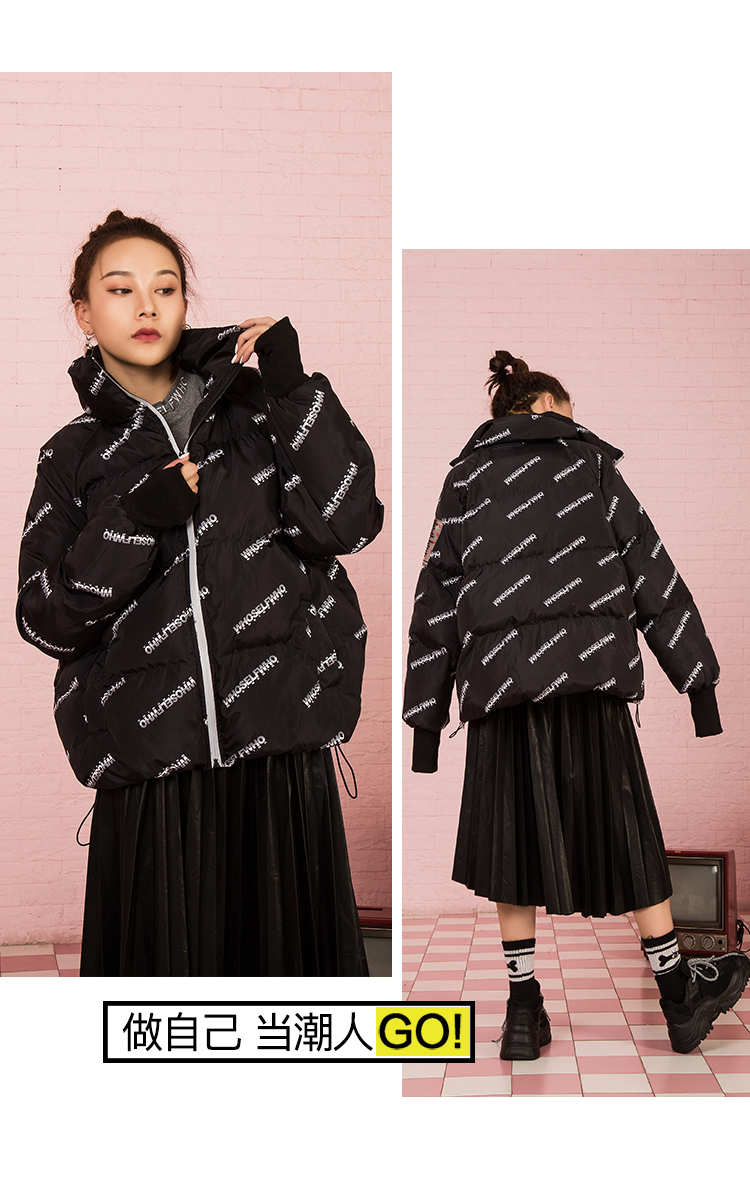 Nhà cũ đường phố hip hop đầy chữ in chữ Zhang Zi áo thun cotton nữ 2019 mùa đông phong cách mới - Bông áo khoác kaki lót lông nam