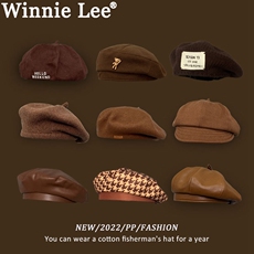 Головной убор winnie lee咖啡色帽子女英伦复古八角pu皮质贝雷帽棕色针织画家冬