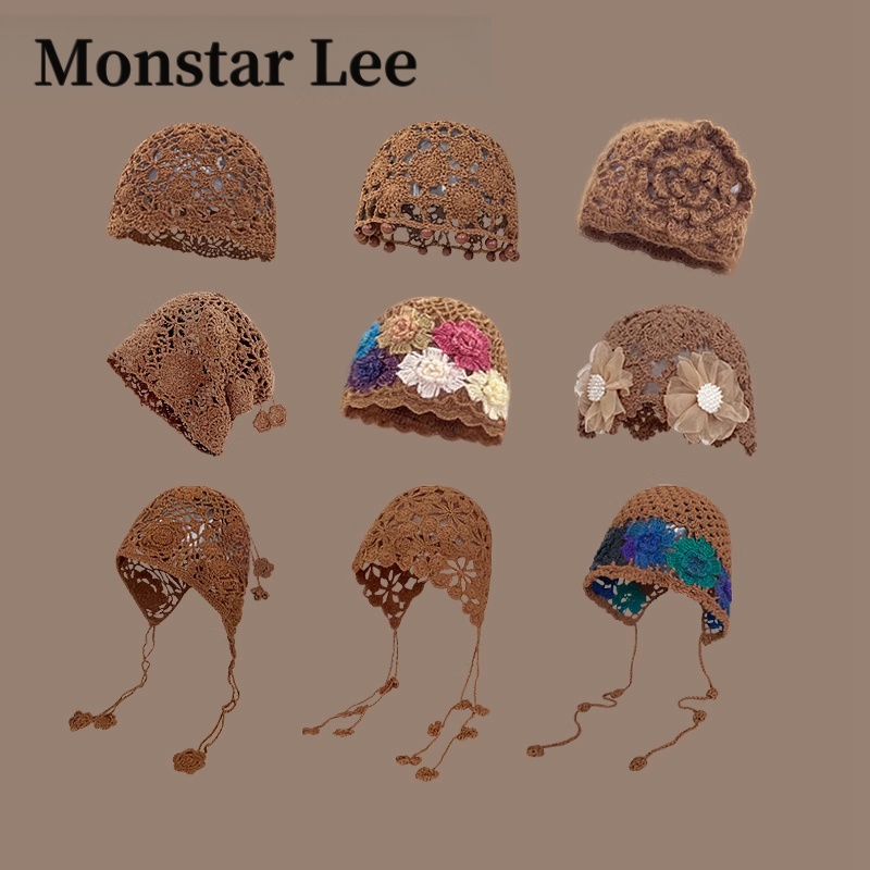 Monstar Lee Bohemian Knitted Baotou Hat Women's Ethnic Style Travel Photo Hollow Pullover Hat Tassel