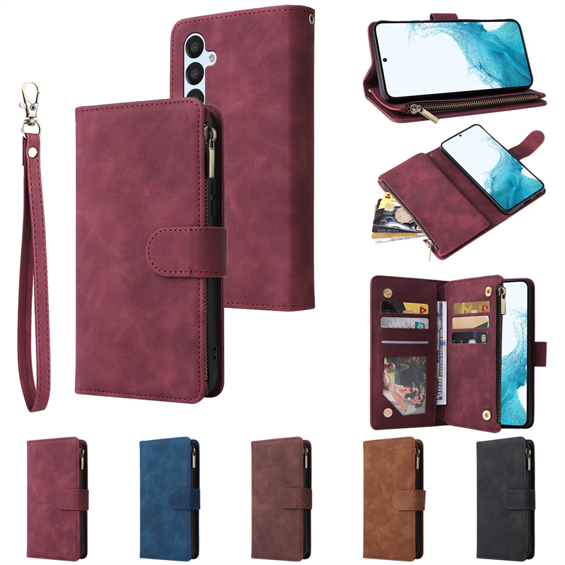Suitable for Samsung S23 Ultra Multi-Zip Wallet Case A14/34/54/33/53 Lanyard Solid Color Stand Card Storage A51 Leather Case S22+ Phone Case A12/52/22 5g