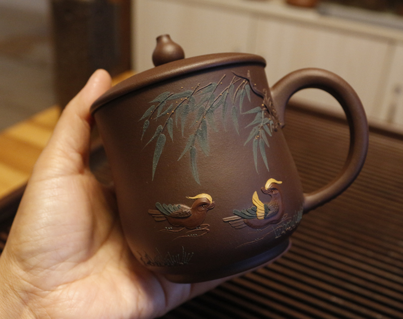 360cc紫泥堆绘鸳鸯戏水盖杯宜兴紫砂茶具正品送新人礼品精品茶器