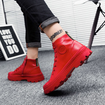 Red high-top shoes men Martin boots Korean version of the trend Joker nightclub hair stylist shoes men fashion trendy shoes leather boots