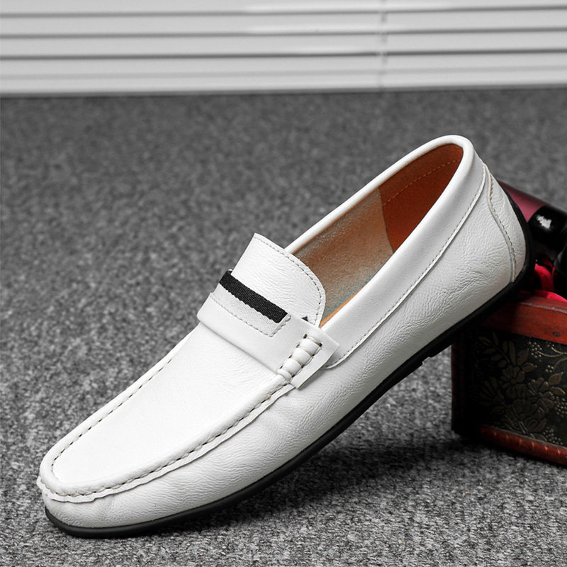 White Bean-Bean Shoes Man Genuine Leather Soft Face Leather Men Shoes Summer Breathable Sloth Shoes Men Casual White Leather Shoes Wave Shoes