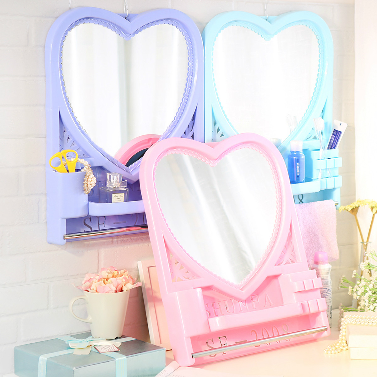 Beauty mirror wall-mounted makeup bathroom powder room Creative dressing makeup mirror Toothbrush holder shelf European special price