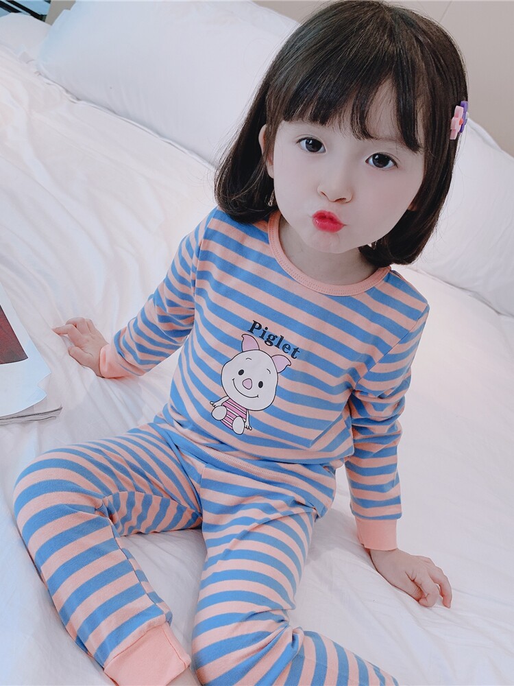 GIRLS STRIPED AUTUMN CLOTHES AND AUTUMN PANTS SET COTTON SPRING AND AUTUMN WINTER BABY GIRL UNDERWEAR TWO-PIECE SET CHILDRENS HOME WEAR TIDE
