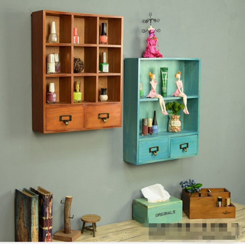 zakka wooded drawer type finishing cabinet table top cosmetic containing box storage stand wall hanging wall decoration