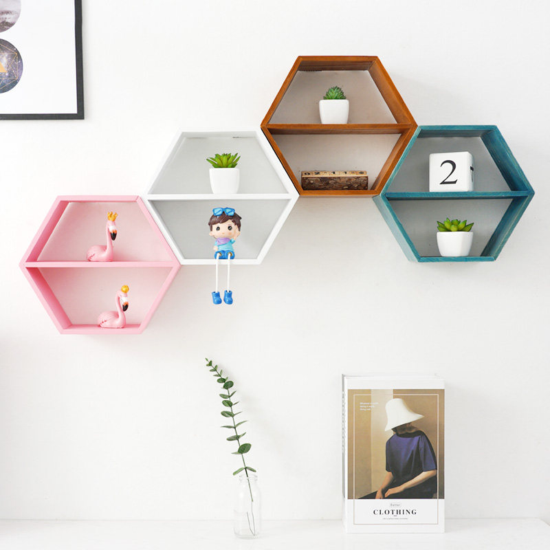 ins simple hexagonal decorative shelf living room wall hanging wall partition bedroom bookshelf free punching shelf