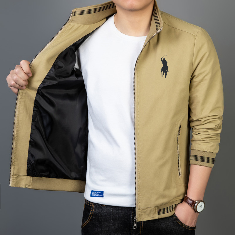 Spring and Autumn New Style Stand Collar Pure Cotton Jacket Men's Thin Coat with Fleece Lining, Thickened Casual Trendy Loose Top