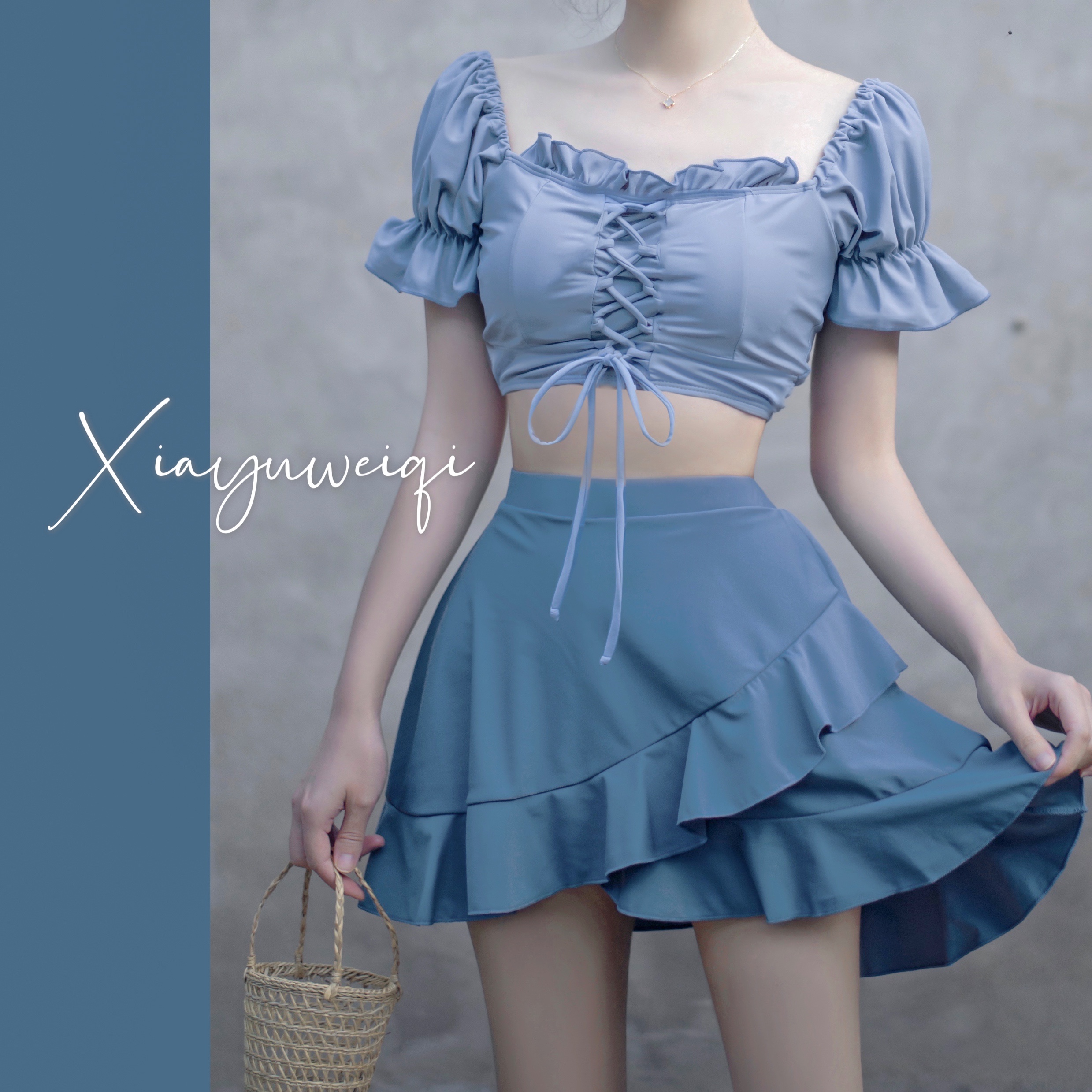 (Xia Yuweiqi) Morandi short-sleeved skirt girl two-piece body-covering thin conservative student swimsuit female