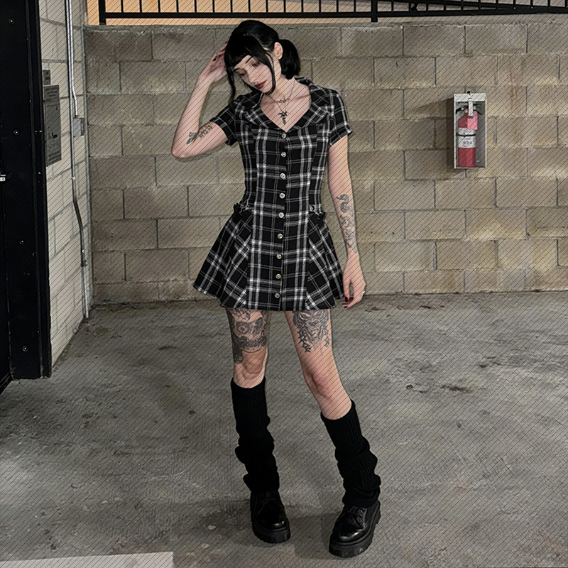 Cf26084 Dark Style Black and White Plaid Dress 2026 New Gothic Style Personalized Street Short Skirt for Women Cf26084 Dark Style Black and White Plaid Dress 2026 New Gothic Style Personalized Street Short Skirt for Women
