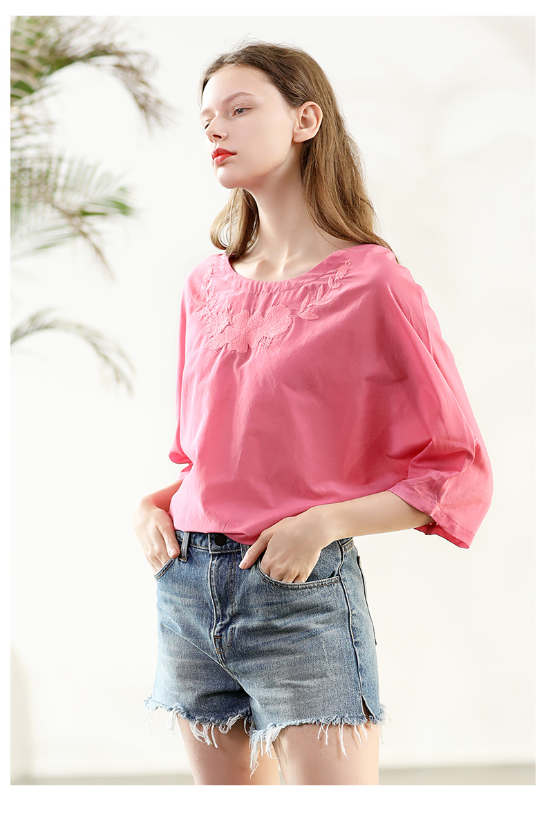 Áo lụa tơ tằm nữ xòe thẳng tay áo mỏng bảy phần tư tay áo lười gió đơn giản áo thun nữ mùa hè - Áo phông mua áo phông nữ