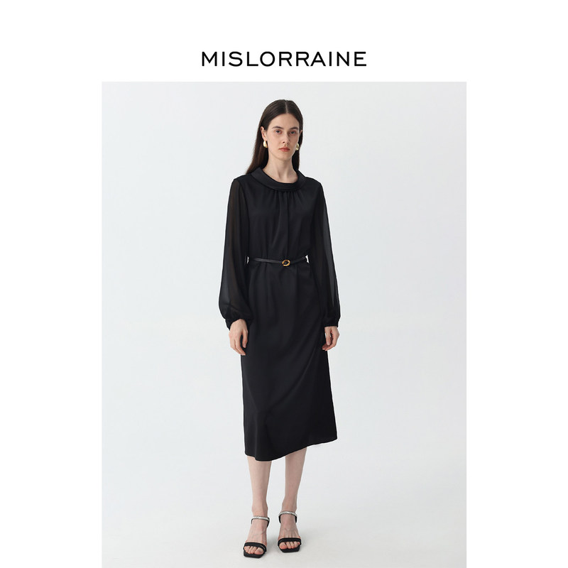 Mislorraine Heavyweight Silk Dress with Lantern Sleeves, Lazy Style, High-End Slimming Mulberry Silk Black Long Dress
