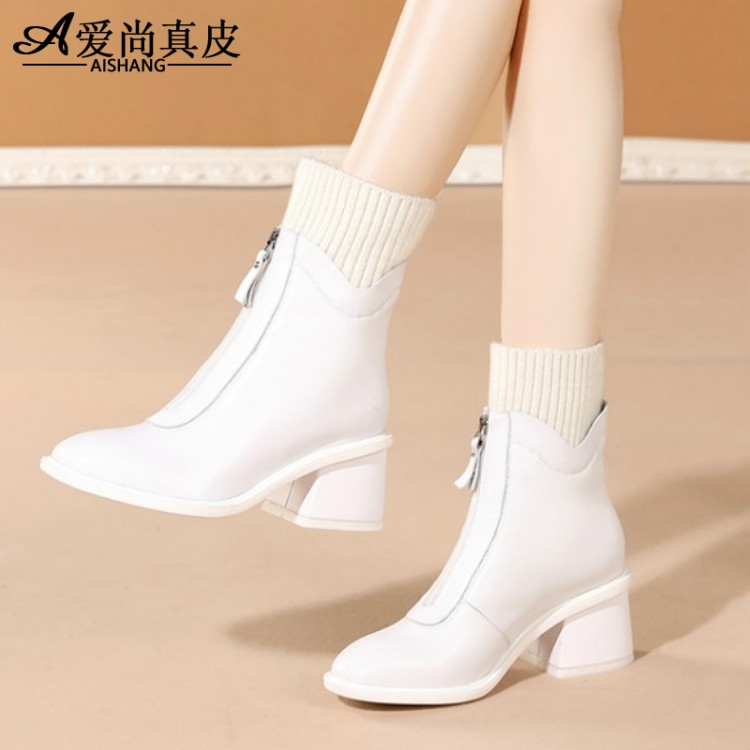 White boots Women's thick heel front zipper Martin boots high heel fashion boots autumn and winter single boots leather plus velvet wool boots