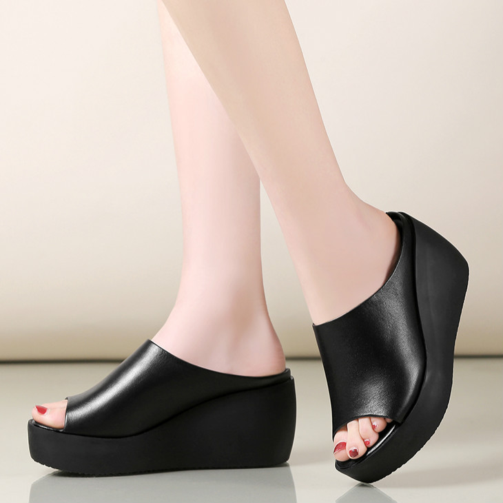 Genuine Leather Wedge Slippers, Large Size Slip-On Platform Sandals, Thick-Soled Summer Outdoor Sandals for Women, Open-Toe Waterproof Platform Full Leather Half-Slippers