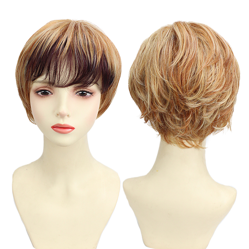 European and American Style Pixie Cut Women's Wig, Golden Brown Mixed Color, Fluffy Layered Short Hair