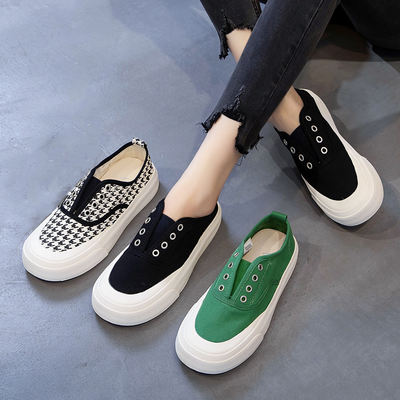 Canvas shoes for women's summer, 2026 new style, low-top breathable, student fashion, one-foot thick sole, big head green board shoes