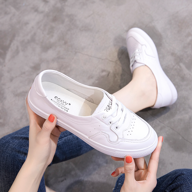 Small white shoes women's 2022 summer new Western style all-match student flat-bottomed lazy breathable leather ccvv women's shoes single shoes