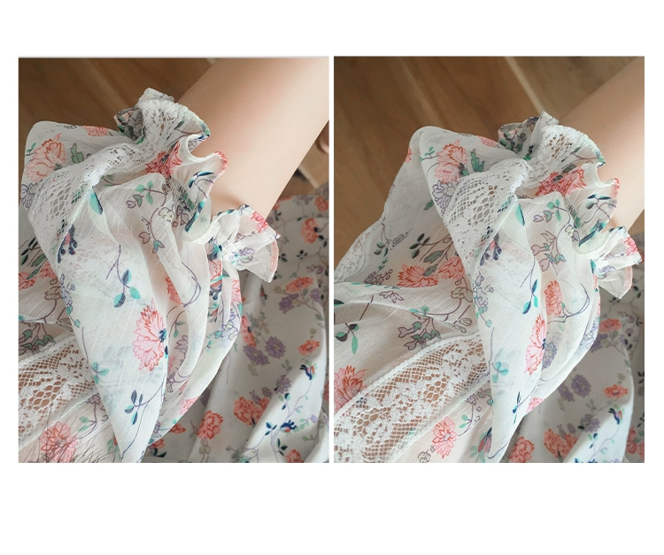 Đầm ren hai mảnh mềm mại cổ áo lệch vai ren hoa hàng đầu Áo voan nữ gợi cảm