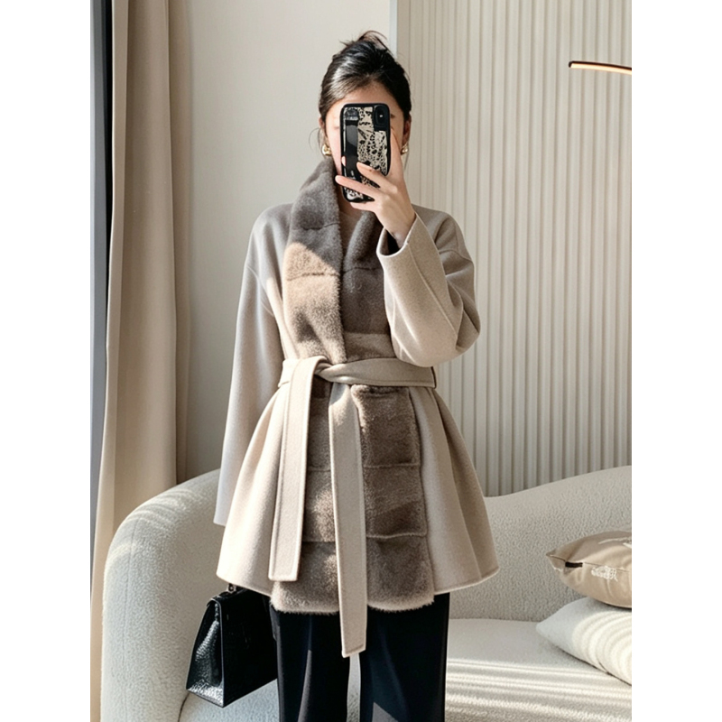 Puti New Autumn and Winter Lp Wool and Cashmere Double-Sided Nylon with Imported Silver Orchid Mink Short Coat for Women