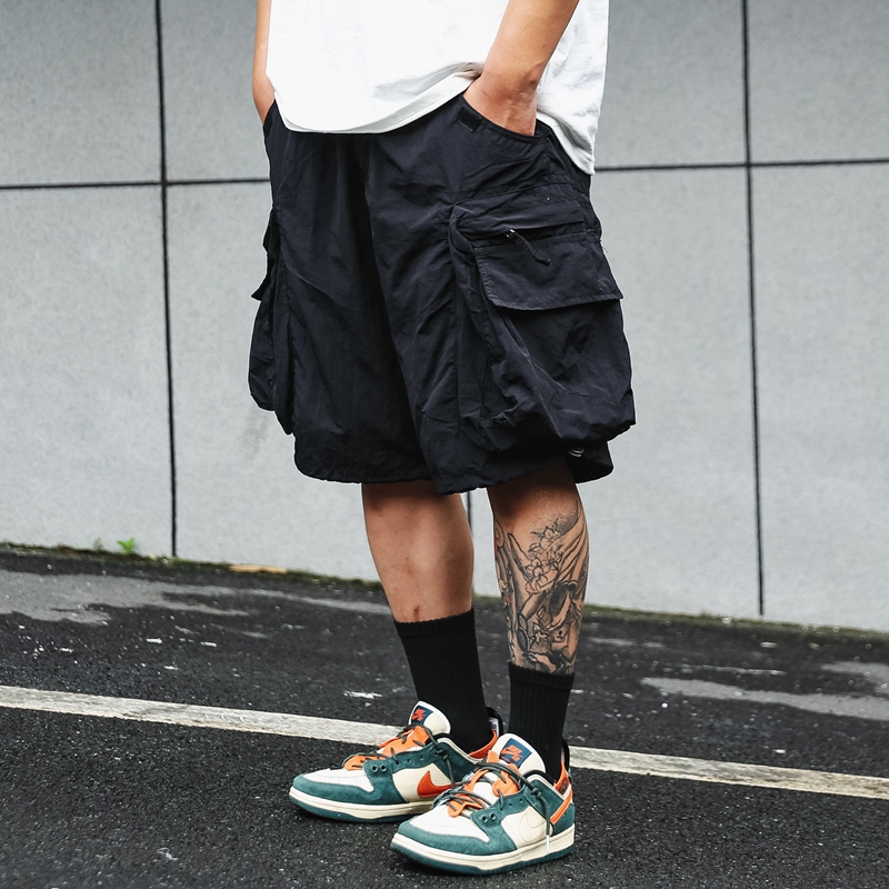 Japanese-Style Work Shorts for Men, Summer Large Pocket Zipper Trendy Casual Loose Outdoor Over-The-Knee Functional Five-Point Shorts