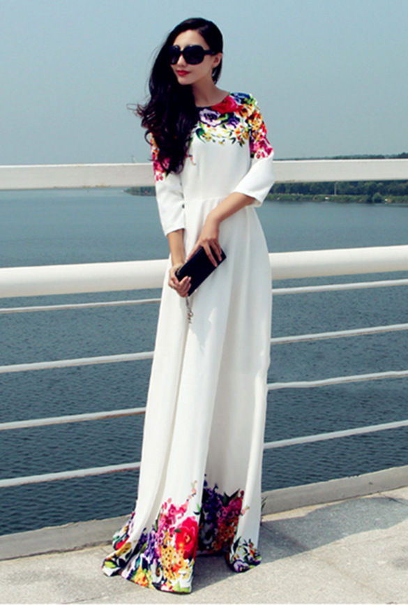 Occident and the United States Polyester printing Women's clothing (Beige white -2XL)NHYF1114