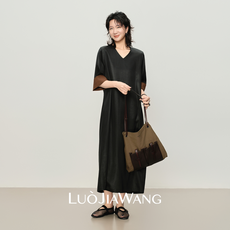【30Mm】100% Mulberry Silk Vintage Slimming Draped Dress High-End Long Dress丨Luojiawang