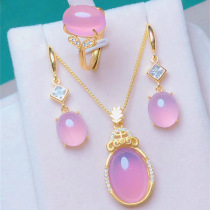 Natural pink women chalcedony silver inlaid 3-piece ornaments necklace pendant live ring earrings yellow