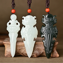 Hetian Jade White Jade magic pestle sword pendant mens and womens amulet to drive away from evil transport Jade